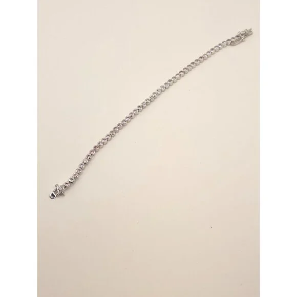 Silver Tone Tennis Bracelet With Pink CZ Stones & Secure Clasp - Picture 7 of 11